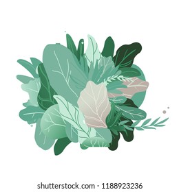 Vector abstract green bushes, trees with wide foliage pattern, symbol of nature, ecology and organic products. Forest or garden plant with summer leaves. Isolated cartoon illustration