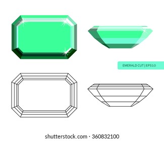 Vector abstract green emerald cut illustration, gem outline and color isolated on white in flat style
