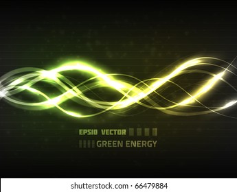 Vector abstract green energy concept on dark background for your design. Has bright green wavy lines and dim particles.