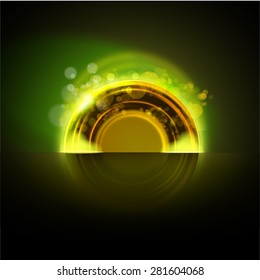 Vector abstract. Green and gold colors abstract circle badge at night background. Modern industrial or technology concept. 