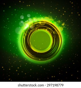 Vector abstract. Green and gold colors abstract circle badge at night background. Modern industrial or technology concept. 