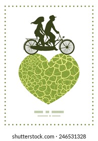 Vector abstract green natural texture couple on tandem bicycle heart silhouette frame pattern greeting card template