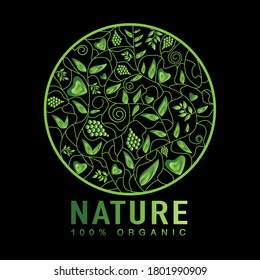 Vector abstract green nature logo design  - emblems for holistic medicine centers, natural and organic food products. Organic design template. Linear drawn leaves and plants in a circle