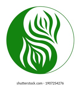 Vector abstract green round logo design templates - emblems for holistic medicine centers, natural and organic food products and packaging. Yin Yang symbol with green and white 
branch with leaves