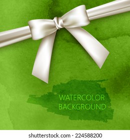 vector abstract green watercolor background with white bow and ribbon for your design