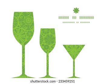 Vector abstract green and white circles three wine glasses silhouettes pattern frame