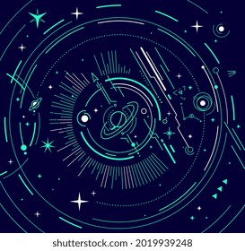 Vector abstract green and white space illustration with star, planet and line on dark background