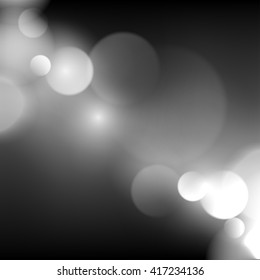Vector abstract Grey background with lights. White circles. Gradient. Dust. Dark. Black. Colorless.