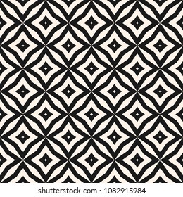 Vector abstract grid seamless pattern. Black and white graphic background. Simple geometric ornament. Monochrome texture with diamond shapes, stars, rhombuses, lattice, floral tiles. Repeat design