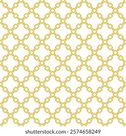 Vector abstract grid seamless pattern. Geometric texture with rounded shapes, curved lines, mesh, lattice, chains. Simple gold and white ornamental background. Repeating golden design for decor, print