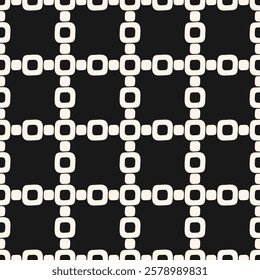 Vector abstract grid seamless pattern. Black and white geometric texture with rounded shapes, curved lines, square mesh, lattice, chains. Simple ornamental background. Monochrome repeated geo design