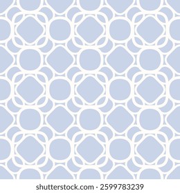Vector abstract grid seamless pattern. Geometric texture with rounded shapes, circles, curved lines, mesh, lattice. Simple minimal ornamental background. Subtle light blue and white repeated design