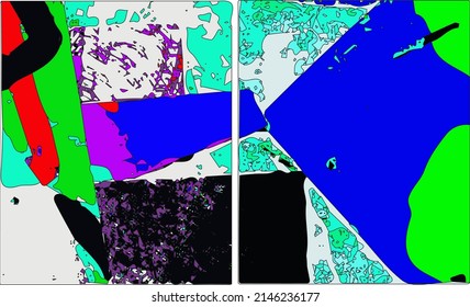 Vector Abstract Grunge Art Diptych Composition, Texture, Header Template. Design For Card, Invitation, Brochure, Banner, Book Cover, Booklet Print, Flyer Concept. Purple, Blue, Acid Green