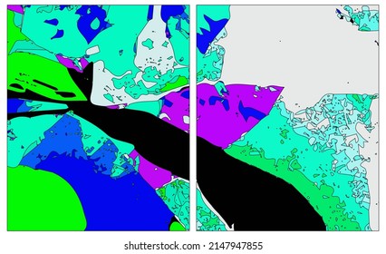 Vector Abstract Grunge Art Diptych Composition, Texture, Header Template. Design For Card, Invitation, Brochure, Banner, Book Cover, Booklet Print, Flyer Concept. Purple, Blue, Acid Green.