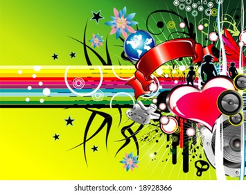 VECTOR Abstract grunge background Flower, heart, rainbow and music.