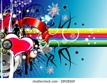 VECTOR Abstract grunge background Flower, heart, rainbow and music.