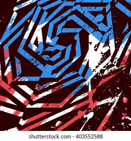 Vector Abstract Grunge Print Design. Dirty Brush Painted Geometric Design With American Flag Colors, Stars And Stripes.