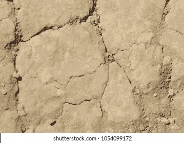 Vector abstract grungy coarse blank distress dirty ocher sand path. View close-up with space for text on earthy grey broken eroded relief of mire. Eco farm field disaster dead thirsty famine landscape