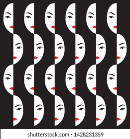 Vector abstract half woman face pattern on black background