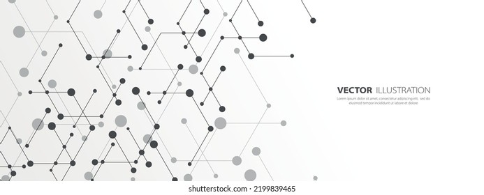 Vector abstract halftone background. A pattern of destroyed hexagons with circles, dots. Plexus technology. Digital networks. Molecules of matter. Poster for social networks, medicine, websites.	
