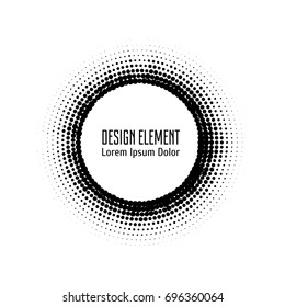 Vector abstract halftone circle frame.  Abstract dotted gradient logo design elements. Grunge halftone textured pattern with dots. Pop art dotted circle template isolated on white
