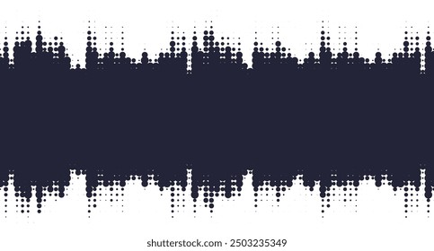 Fondo de audio de patrón de semitono abstracto de Vector con diseño de borde dinámico grunge punteado. Diseño de ecualizador de onda de música dj retro