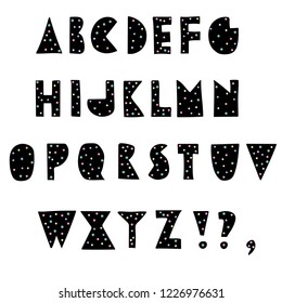Vector abstract hand drawn alphabet. Set of geometric letters with multicolored dots.