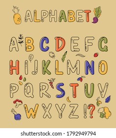 Vector abstract hand drawn alphabet. Colorful vegetable alphabets for advertisement, promotion. For cafe and restaurant menu. Isolated vector illustration. 