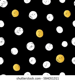 Vector Abstract Hand Drawn Black, Gold and White Polka Dot Pattern With Fun Circles. Great for vintage fabric, cards, invitations, clothing, packaging, scrapbooking, wallpaper.