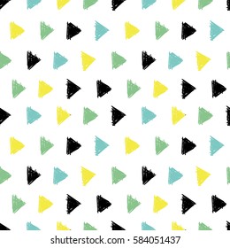 Vector Abstract Hand Drawn Black, Green, Yellow Ink Geometric Arrows Triangles Pattern With Fun Circles. Great for vintage fabric, cards, invitations, clothing, packaging, scrapbooking, wallpaper.
