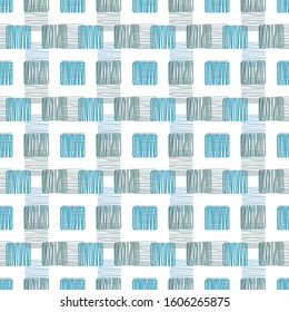 Vector abstract hand drawn blue checkers pattern with doodle squares, textured effect. Perfect for fabric, apparel and accessories, home decor, stationery, packaging, gift wrap