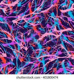 Vector abstract hand drawn colorful background of bright stains. Paint splat. Vivid paint splashes in seamless hand drawn pattern. Trendy print. Vector illustration in bright fresh colors for design