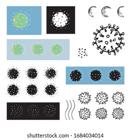 Vektorillustration abstraktes handgezeichnetes Corona-Virus-Illustrations-Kit mit handgezeichnet unregelmäßigem Keim. Grafisches, modernes Design, Gesundheitswesen, Infografik, Verpackung.