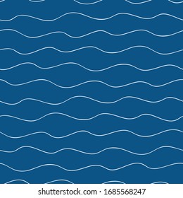 Vector Abstract Hand Drawn Doodle Ocean Waves. Seamless Hand Drawn Pattern On Navy Blue Background. Uneven Line Backdrop. All Over Print For Marine, Nautical, Summer Beach Resort Vacation Concept.