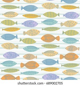 Vector abstract hand drawn fishes, ocean waves striped background. Seamless sea animals pattern.