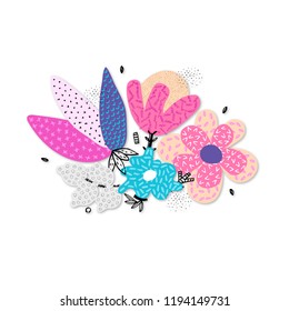 Vector abstract hand drawn flowers with different textures. Floral composition. Freehand style. Unique artistic design for card, invitation, wall decoration, sticker, print on clothes, packaging