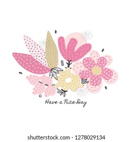 Vector abstract hand drawn flowers with different textures. Floral composition. Freehand style. Unique artistic design for card, invitation, wall decoration, sticker, print on clothes, packaging