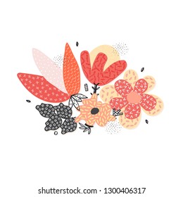 Vector abstract hand drawn flowers with different textures. Floral composition. Freehand style. Unique artistic design for card, invitation, wall decoration, sticker, print on clothes, packaging