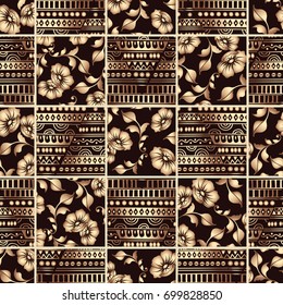 Vector abstract hand drawn gold patchwork pattern with floral ornaments, stylized flowers, dots, plants and lace. Vintage boho style.