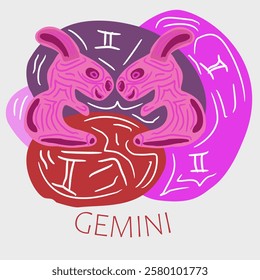 Vector abstract hand drawn illustration of Gemini zodiac sign.Gemini sign, horoscope, zodiac sign. Color harmony, hand drawn elements.