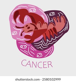 Vector abstract hand drawn illustration of Cancer zodiac sign. Cancer sign, horoscope, zodiac sign. Color harmony, hand drawn elements.