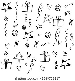vector abstract hand drawn illustration in the shape of a christmas tree, gift, ball, ribbon, spiral, star, heart for gift wrapping