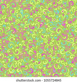 Vector abstract hand drawn leafy doodle seamless pattern. Swirly design light green and pink background illustration.