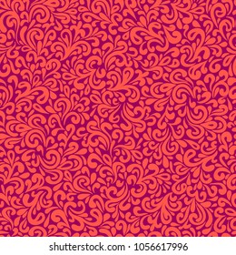 Vector abstract hand drawn leafy doodle seamless pattern. Swirly design bright red and orange  background illustration.