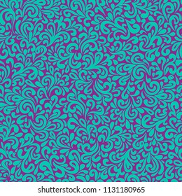 Vector abstract hand drawn leafy doodle seamless pattern. Swirly design background illustration in teal green over purple.