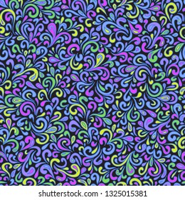 Vector abstract hand drawn leafy doodle seamless pattern. Swirly design background illustration. Blue and purple drops over black.