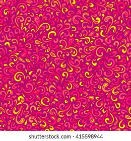 Vector abstract hand drawn leafy doodle seamless pattern. Hot pink and yellow background.