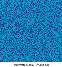 Vector abstract hand drawn leafy doodle blue seamless pattern.