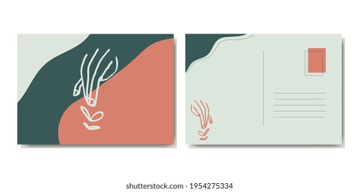 Vector abstract hand drawn line art hand with flower with earth tones. Artsy contemporary artwork design in boho style. For postcard.