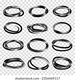 puntos elípticos dibujados a mano por vectores abstractos. Elementos dibujados a mano de marcos de fondo abstracto. Juego de grietas. El dibujo de Doodle dibujó círculos de resaltado o anillos. Dibujo de marcadores negros.